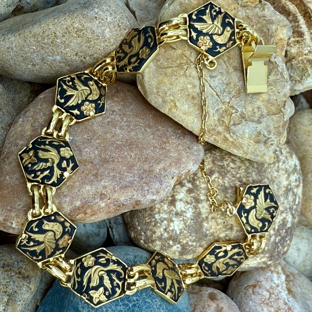 Vintage Toledo Damascene Spain Bird Floral Gold Black Bracelet 7.75”–8” - Picture 12 of 17